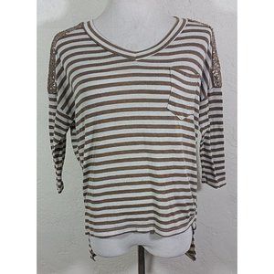 Blu Pepper Top Large Striped Multicolor Sequin Shoulders High Low V Neck